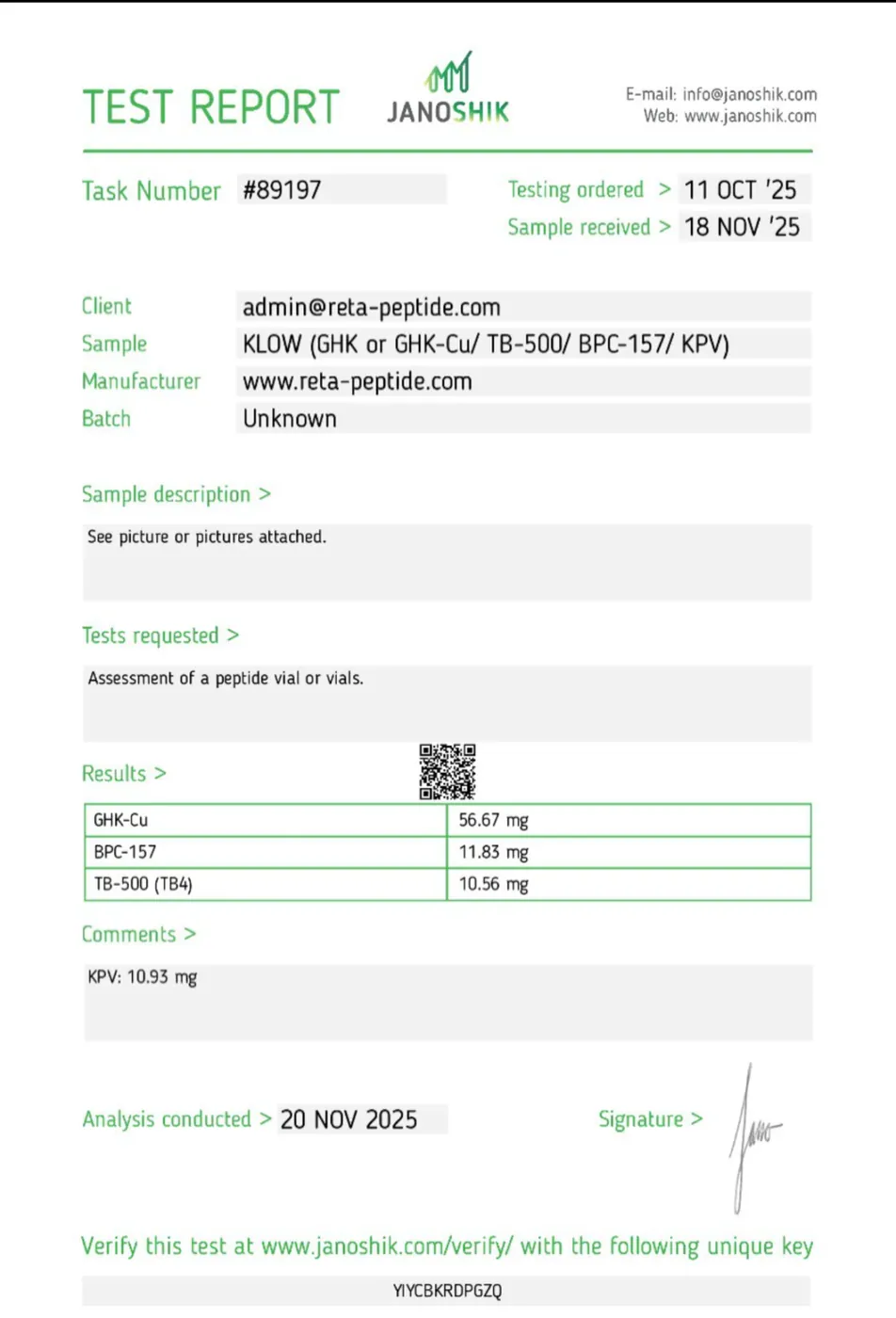 Certificate of analysis, full size