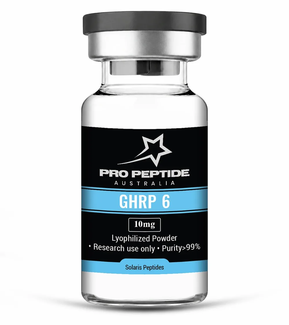 GHRP-6 10mg — 99.63% purity research peptide vial supplied by Pro Peptide Australia